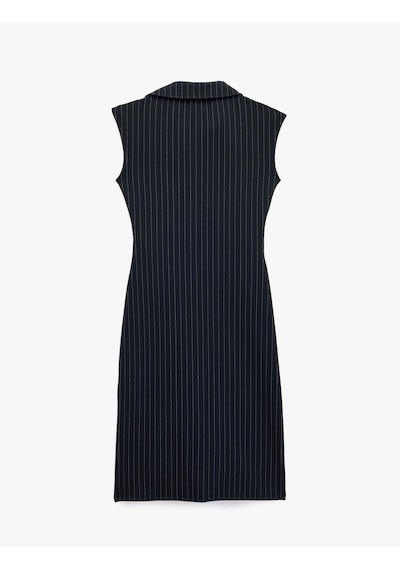 Koton Slim Fit Kolsuz Midi Boy Süslü Düğmeli Kolsuz Çizgili Gömlek Elbise Lacivert Çizgili 7wak80032ek