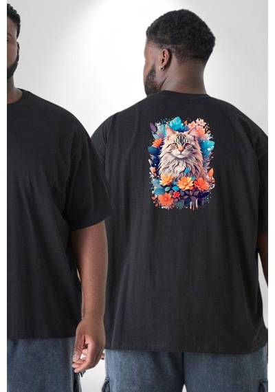 Angemiel Çiçek Kedi Sulu Boya Büyük Beden Siyah Tişört Kadın Erkek Ünisex Sırt Baskılı Siyah
