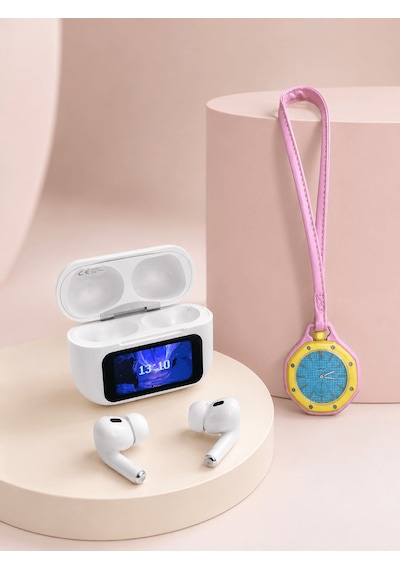 Bluetooth 5.4 Kablosuz Kulaklık Pembe Askılı Analog Charm Saat İk