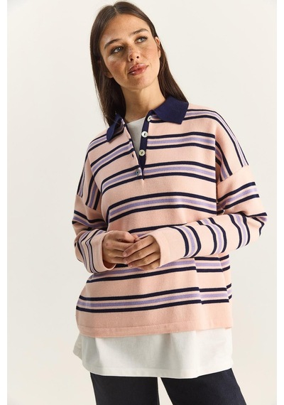 Shade Polo Yaka Çizgili Basic Triko Kazak 20258061 - Pembe