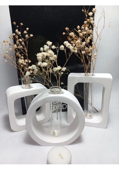 Modern Sanat Esintili, Dikdörtgen-kare-yuvarlak Formlu, Cam Tüplü Dekoratif 3'lü Vazo Set Beyaz