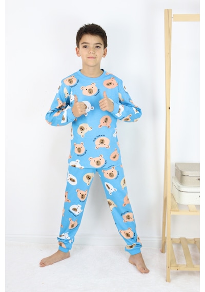 Harika Kids Erkek Çocuk Baskılı İnterlok Kumaş Uzun Kollu Pijama Takımı Açık Mavi