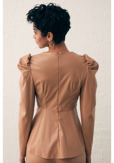 Sateen Kruvaze Deri Bluz - Camel