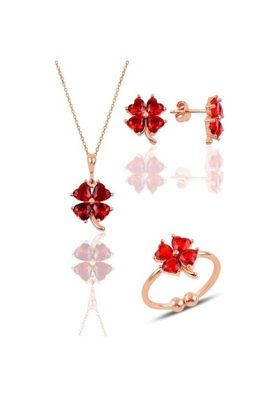 Gümüş Rose Kırmızı Taşlı Yonca Kolye Küpe Ve Yüzük Üçlü Set