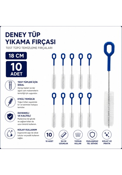 Deney Tüp Yıkama Fırçası 18 Cm - Test Tüpü Temizleme Fırçaları - 10 Adet