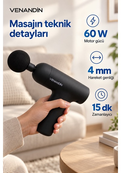 Md-9901 Flexi Darbeli Masaj Tabancası 60w, 6 Kademeli, 5 Başlıklı - Siyah