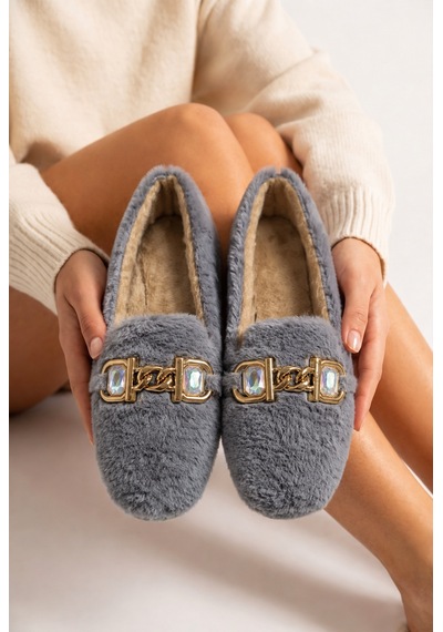 N Moda Panduf Gold Zincir Taşlı Aksesuarlı Kışlık Sıcak Tutan Yumuşak Tabanlı Kapalı Panduf Gri N Moda Panduf Gold Zincir Taşlı Aksesuarlı Kışlık Sıcak Tutan Yumuşak Tabanlı Kapalı Panduf Gri