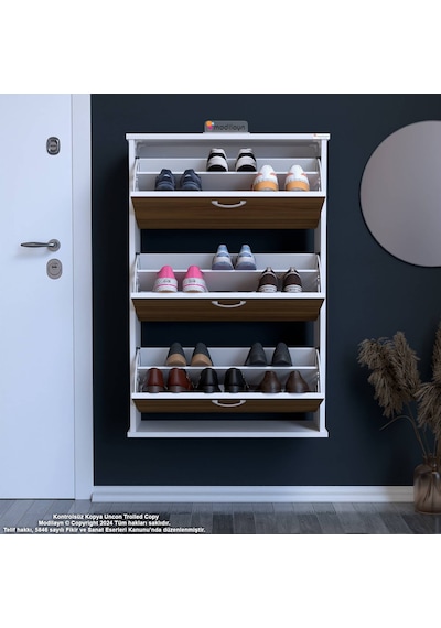 Modilayn Varbi Asma Antre 72x115x26 Cm Lik 3 Düşer Kapak 6 Göz Bölmeli Ayakkabılık Beyaz - Ceviz Modilayn Varbi Asma Antre 72x115x26 Cm Lik 3 Düşer Kapak 6 Göz Bölmeli Ayakkabılık Beyaz - Ceviz