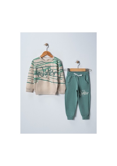 Veramoni Hello Winter Baskılı Uzun Kollu Lastikli Bel Cepli Unisex Çocuk Alt Üst Takım Yeşil