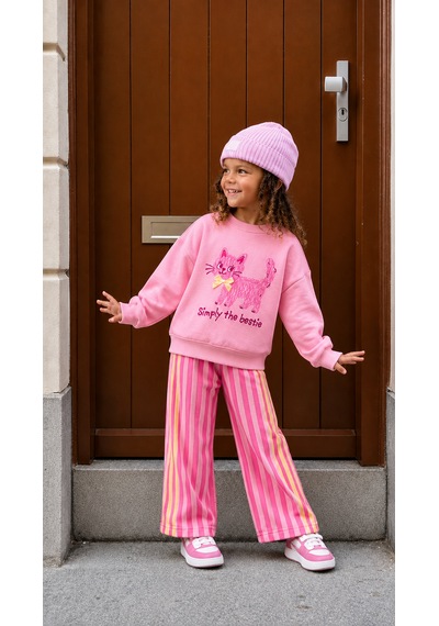 Elzo Collection Kız Çocuk Pembe Kedi Baskılı Swearshirt Çizgili Eşofman 3 İplik Kumaş Alt Üst Takım Elzo Collection Kız Çocuk Pembe Kedi Baskılı Swearshirt Çizgili Eşofman 3 İplik Kumaş Alt Üst Takım