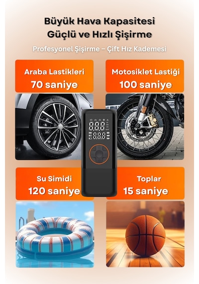 4500 Mah Şarjlı Taşınabilir Araba Lastik Hava Top Şişirme Pompası Led Işıklı Dijital Hava Kompresörü Siyah