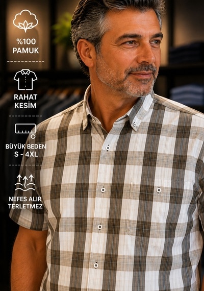 Beyome Erkek Kısa Kol Kareli Gömlek Büyük Beden Xxl-4xl %100 Pamuk Nefes Alır Yazlık Açık Kahverengi