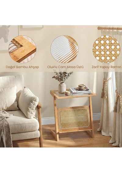 Doğal Bambu Hazeranlı Rattan Yan Sehpa Gazetelik Kitaplık Dergilik Kahverengi