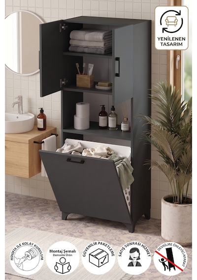 Çok Amaçlı Dolap Banyo Dolabı Kirli Çamaşır Sepeti Dolabı Damla Antrasit Çok Amaçlı Dolap Banyo Dolabı Kirli Çamaşır Sepeti Dolabı Damla Antrasit