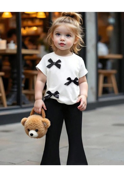 My Kids Wear Kız Çocuk Fiyonk Detaylı Alt Üst Takım Beyaz
