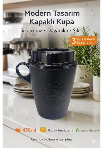 Kulplu Kapaklı Çay Kahve Bardağı Plastik - Mug Sıcak Içecek Bardağı 450 Ml Siyah