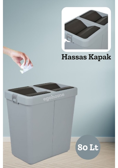 Mote Ikili Gri Çöp Kutusu Kovası Hassas Kapaklı Çift Kapaklı Gri 80 Lt