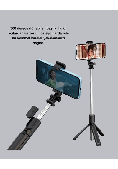 Kablosuz Bluetooth Selfie Çubuğu, 360 Dönebilir Başlıklı, Taşınabilir