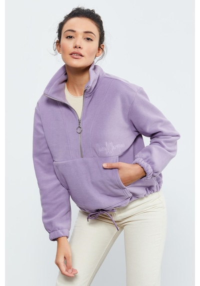 Tommy Life Eflatun Yarım Fermuar Etek Ucu Büzgülü Kadın Polar Oversize Sweatshirt - 97171 Eflatun