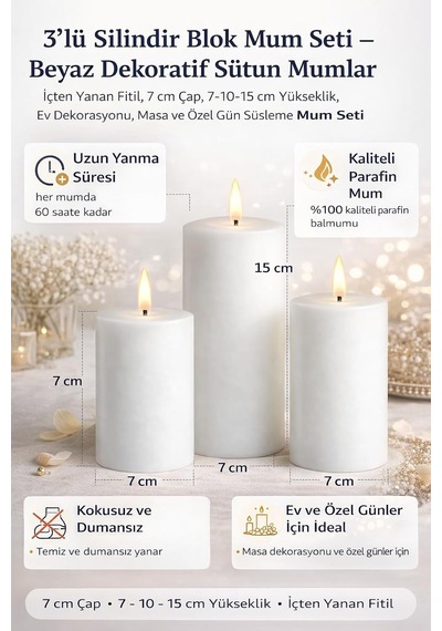 3'lü Silindir Blok Mum Seti, Beyaz Dekoratif Sütun Mumlar, İçten Yanan Fitil, 7 Cm Çap, 7,10,15 Cm Yükseklik, Ev D Diğer