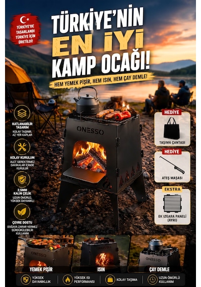 Onesso Camp Katlanabilir Ateş Kutusu Kamp Ocağı 2.5mm Kalın Çelik - Taşıma Çantası Hediyeli, Portatif Izgaralı Odun Sobası, 3'ü Bir Arada Yemek & Çay & Isınma Siyah