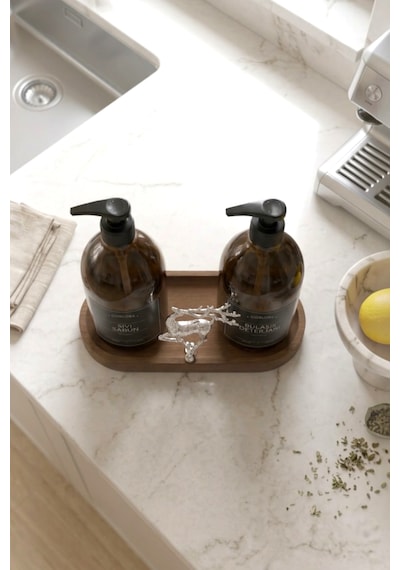 Amber Şişe Sabunluk Cam İkili Sıvı Sabun-bulaşık Deterjanı Mutfak Düzenleyici Lüks Gümüş Geyik Ahşap Stand 500ml