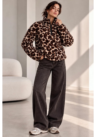 Bbbutikbasic Dik Yaka Yarım Fermuarlı Desenli Polar Sweatshirt My3535 Kahverengi Leopar Bbbutikbasic Dik Yaka Yarım Fermuarlı Desenli Polar Sweatshirt My3535 Kahverengi Leopar