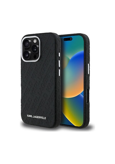 Apple iPhone 16 Pro Max Uyumlu Kılıf Karl Lagerfeld Lisanslı Pu Deri Damgalı Metal Yazı Logolu Kapak Siyah
