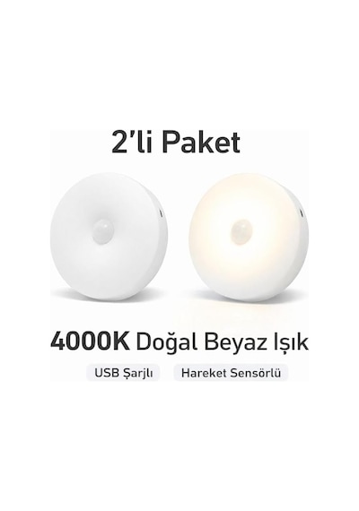 2 Li Set Sensörlü Led Kabin Işığı Gece Lambası 1,5w 4000k Doğal Beyaz 150 Lümen Usb Şar