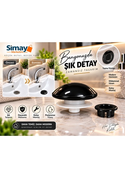 Lavabo Gider Süzgeci Bas Aç Pop-up Sistem Taşma Yüzüklü Dayanıklı Tasarım Siyah