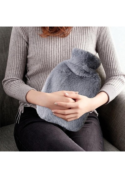 Sıcak Su Torbası Yan Cepli Gri Peluş Termofor 27x17x2cm 1 Litre Koyu Gri