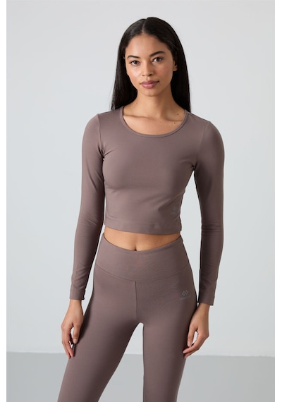 Tommylife Kahvrengi Yüksek Bel Uzun Kollu Slim Fit Crop Top Kadın Tayt Takım - 95286 Kahverengi