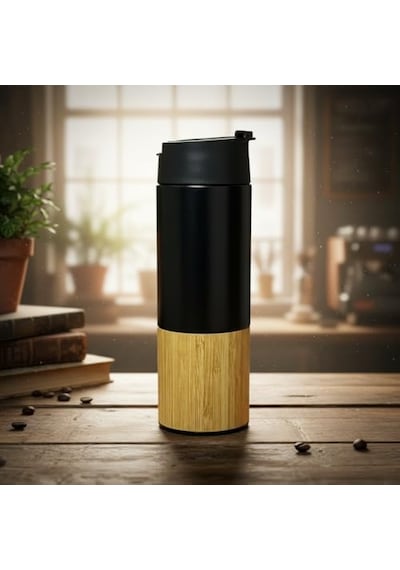 450 Ml Bambu Kaplamalı Çelik Termos - Sıcak Ve Soğuk Tutucu Sızdırmaz Mat Siyah Kahve Termosu Açık Beyaz