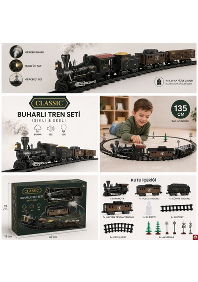 Işıklı Sesli Buharlı Tren Seti 30 Parça Gerçek Buhar Efektli, Klasik Lokomotif Oyuncak Tren 135 Cm Ray