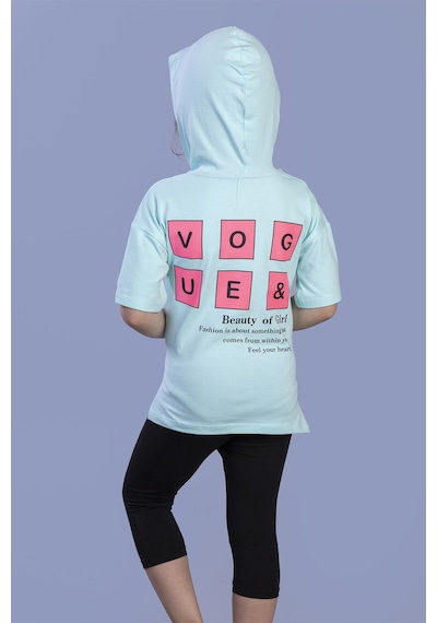 Toontoy Kids Toontoy Kız Çocuk 2'li Takım Baskılı Kapüşonlu Cepli Kısa Kollu Yırtmaçlı Sweatshirt & Basic Düz Crop Tayt Su Yeşili