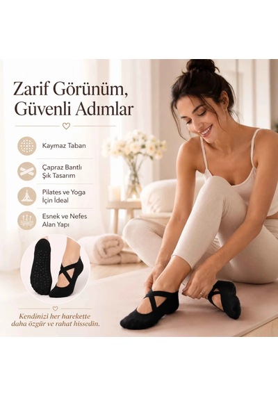 Elitse Kaymaz Tabanlı Kadın Balerin Tasarımlı Yoga Pilates Çorabı Çapraz Bantlı Spor Çorap Hac Umre Çorabı Siyah