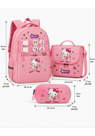 Hello Kitty Baskılı Özel Tasarım Ortopedik Su Geçirmez Cüzdanlı Okul Çantası Termal Beslenme Ve Kalemlik Seti Pembe