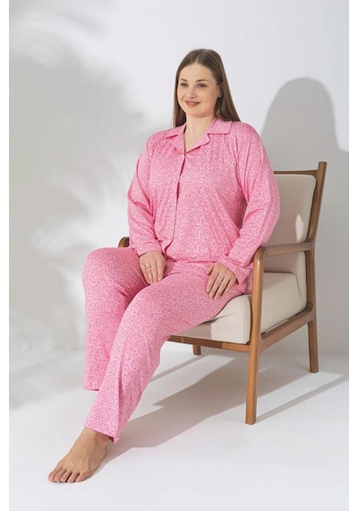 Pijamerry Büyük Beden Uzun Kol Milan Kumaş Pijama Takımı Pembe