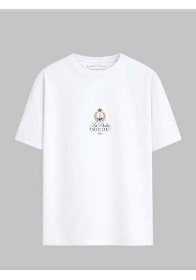 Black Nova Oversize Baskılı Unisex Tişört Yacht Club Beyaz