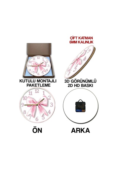 Pembe Kurdele Temalı 3d Görünümlü Mdf Duvar Saati 33 Cm Sdw309 Renkli