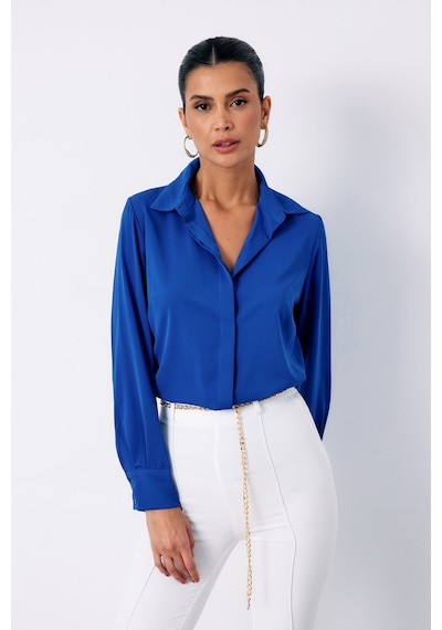 Sateen Klasik Düz Gömlek - Sax Mavi-132870 Saks