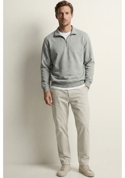 Elemge Pamuklu Erkek Sweatshirt Gri Soft Touch Relax Fit Yarım Fermuarlı Dik Yaka 3 Iplik Nefes Alan