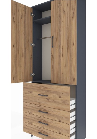 Arges Dolap 2 Raflı 4 Çekmeceli Tek Askılı 88x30x221 Antrasit-çam Antrasit