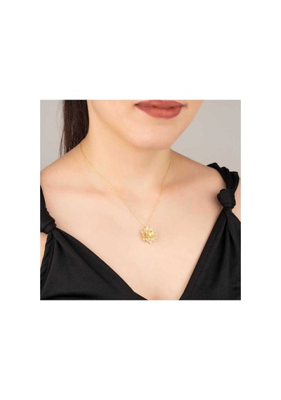 Gümüş Gold Beyaz Taşlı Lotus Çiçeği Kadın Kolye Çok Renkli Çok Renkli