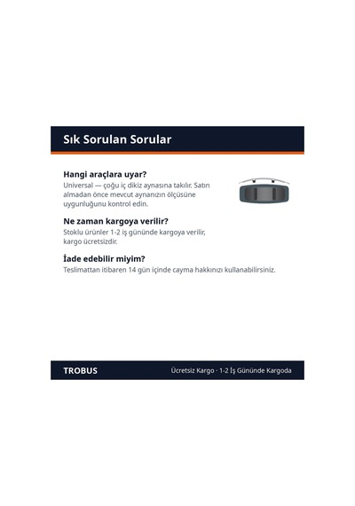 Trobus Oto İç Dikiz Aynası Ek Ayna Bombeli Lastikli Geçme Model 30,5x9,5 Cm