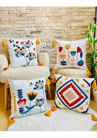 Swita Home 4'lü Kombin Punch Işlemeli Kırlent Kılıfı Panç Karışık