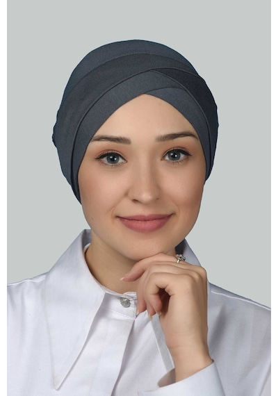 Altobeh Dört Bantlı Çapraz Dış Tesettür Bonesi Hazır Türban Penye -Füme