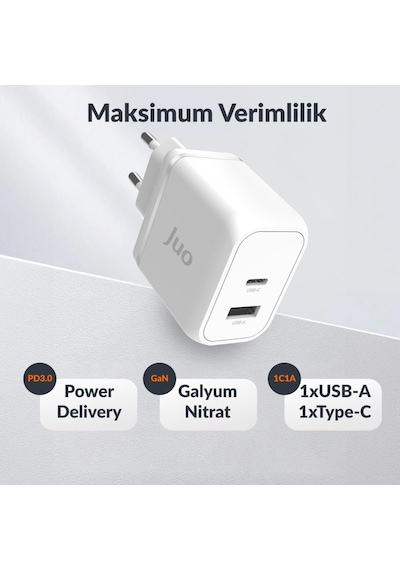 Juo 45W GaN USB-C + USB-A Şarj Aleti iPhone & iPad & Apple Uyumlu MacBook & Samsung PD Type-C Hızlı Şarj Cihazı Beyaz