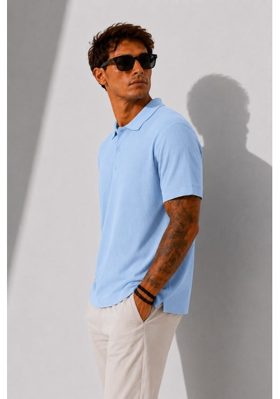 Ribana Erkek Kısa Kollu Fitilli Yarım Düğme Kapama Polo Yaka T-shirt 26001 Bebe Mavisi
