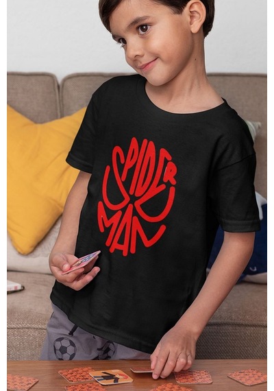 Sevbano Unisex Spider-man Maske Baskılı Film Çocuk Tişört 1-12 Yaş Siyah